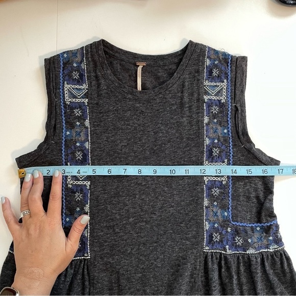 Free People Marcy Tank Charcoal Gray Blue Embroidered Details Boho Shirt Sz SM - Picture 14 of 14